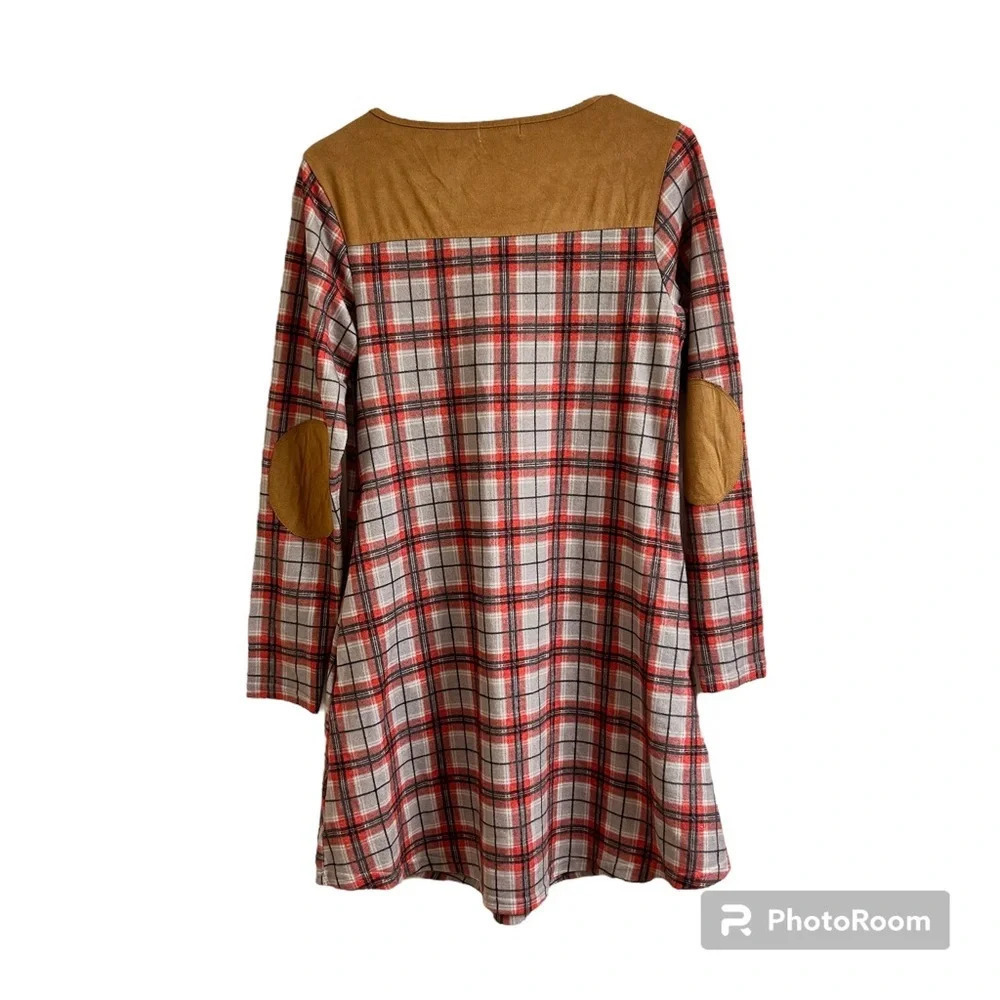 Simply Southern Women’s Sm Red Plaid Flannel Dress Faux Suede With Elbow Patches - Picture 2 of 10